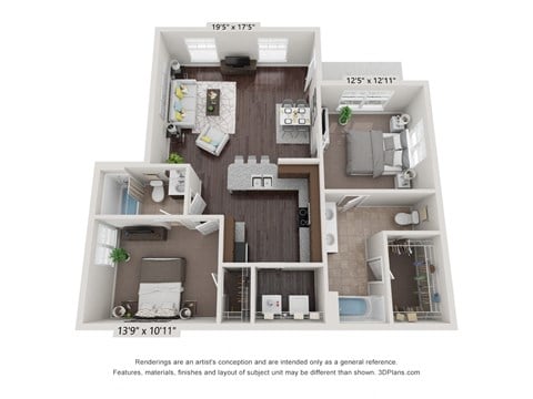 Floor plan for 2 beds, 2 baths, 1072 sqft